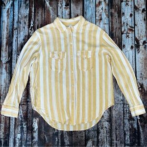 Aerie Linen Yellow and White Striped Button-Up Shirt